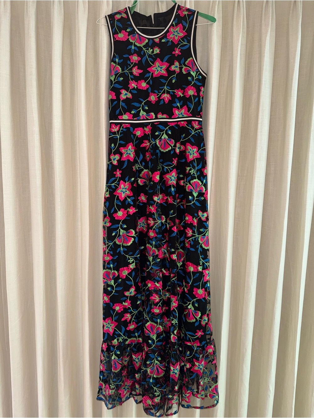 Cynthia Rowley Black Maxi Dress with Pink & Green Floral Embroidery